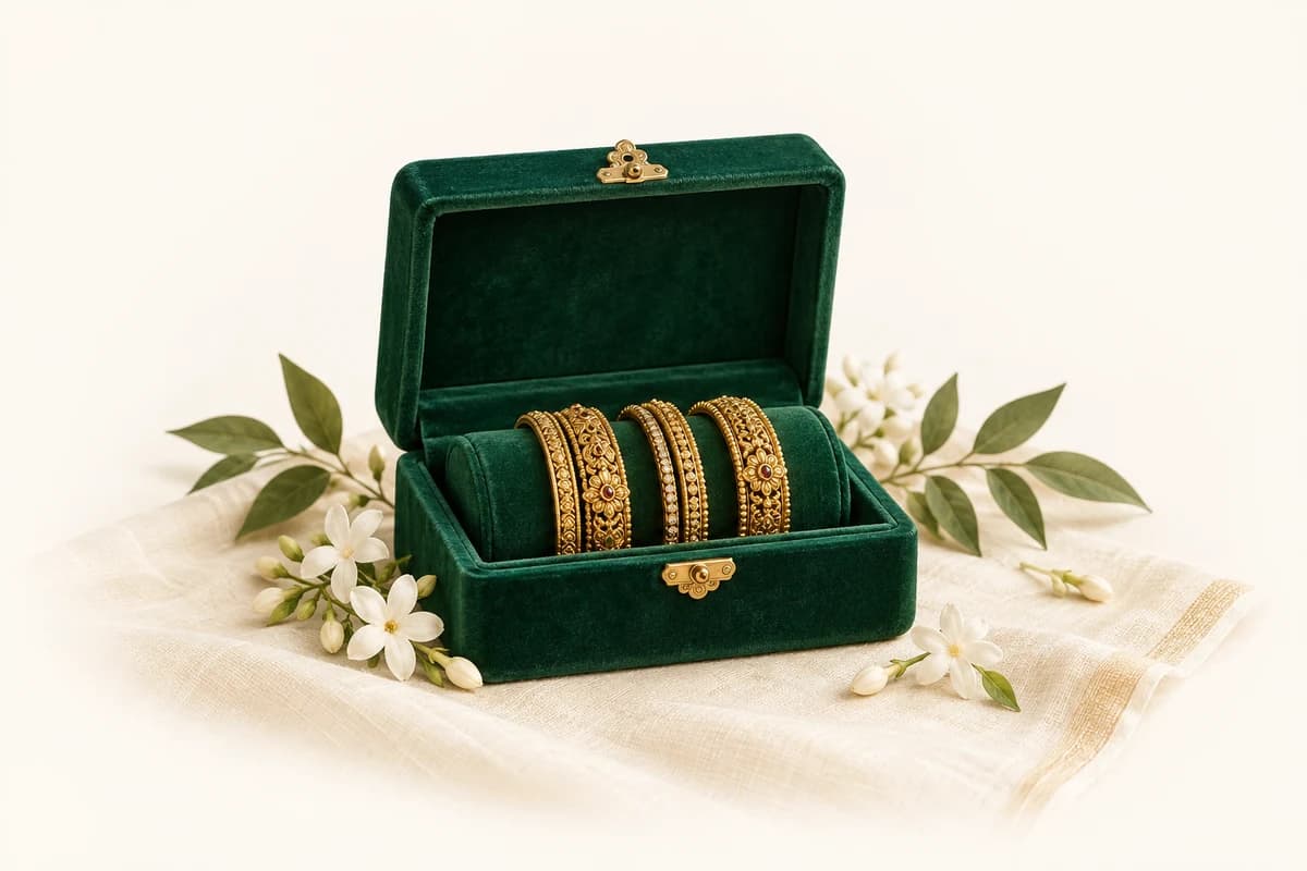 Gold bangles in an open green velvet jewellery box, surrounded by jasmine flowers
